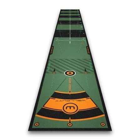 A Wellputt putting mat viewed end-on, showing the printed target zones, alignment gates and distance markers that make up its training system